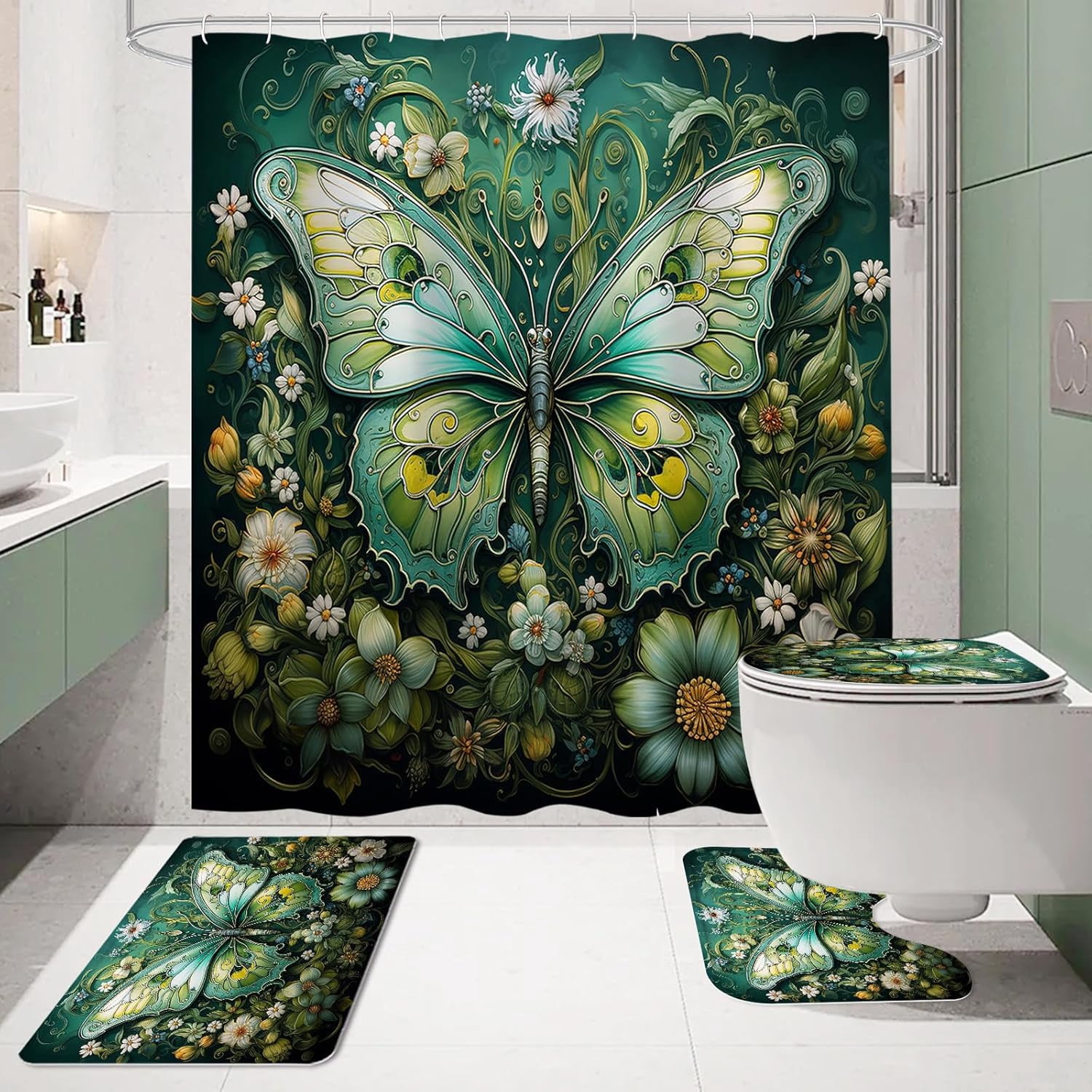 4 Pcs Purple Butterfly Shower Curtain Set with Non-Slip Rugs, Modern Toilet Lid Cover and Bath Mat, Floral Chic Bathroom Decor Set with Shower Curtain and Rugs