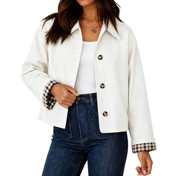 JUUNthy Women's Cropped Trench Jacket, Button Front Lapel Collar Plaid Lined Casual Fashion Outer Coat White XL