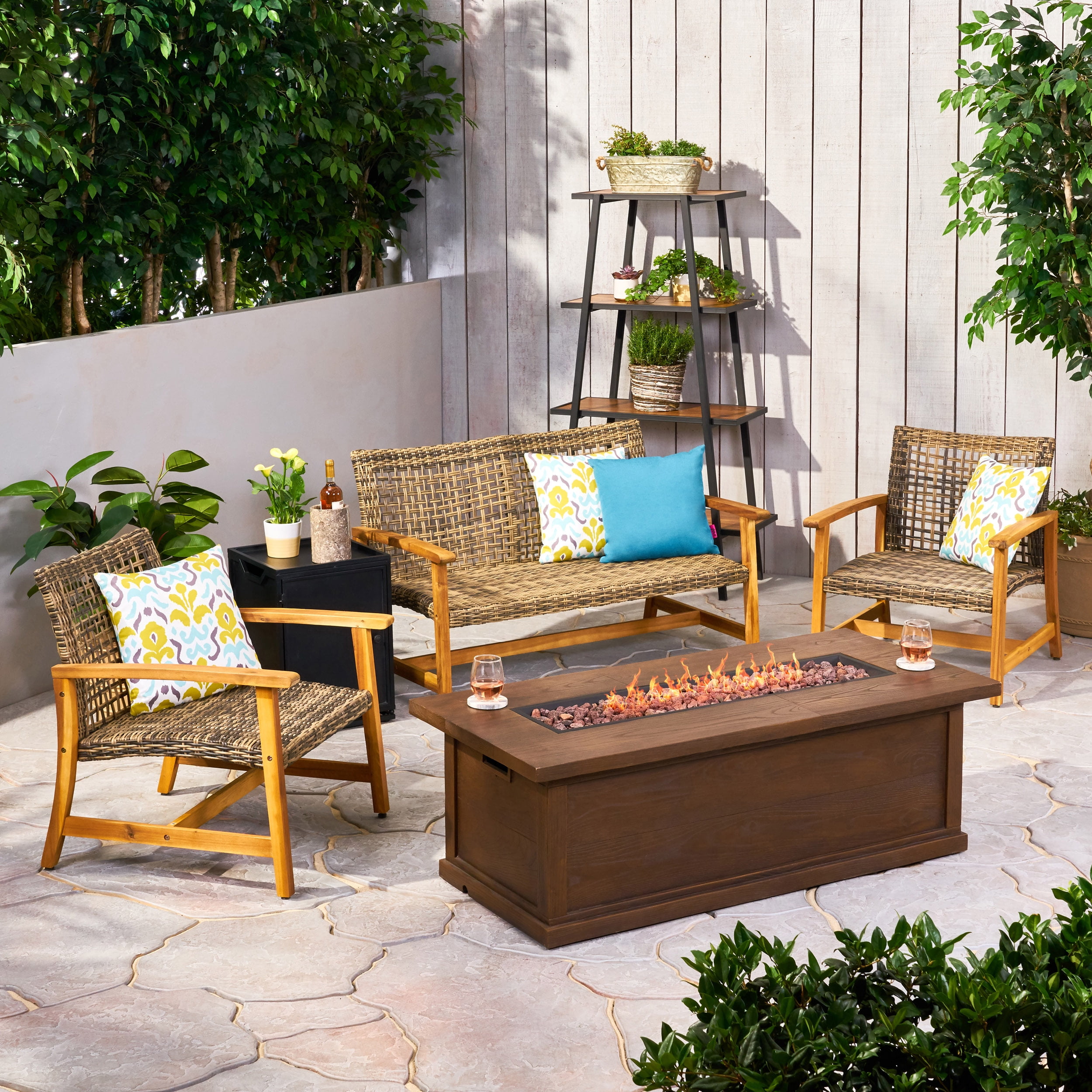 Harleigh Outdoor 5 Piece Wood and Wicker Chat Set with Fire Pit, Gray and Brown