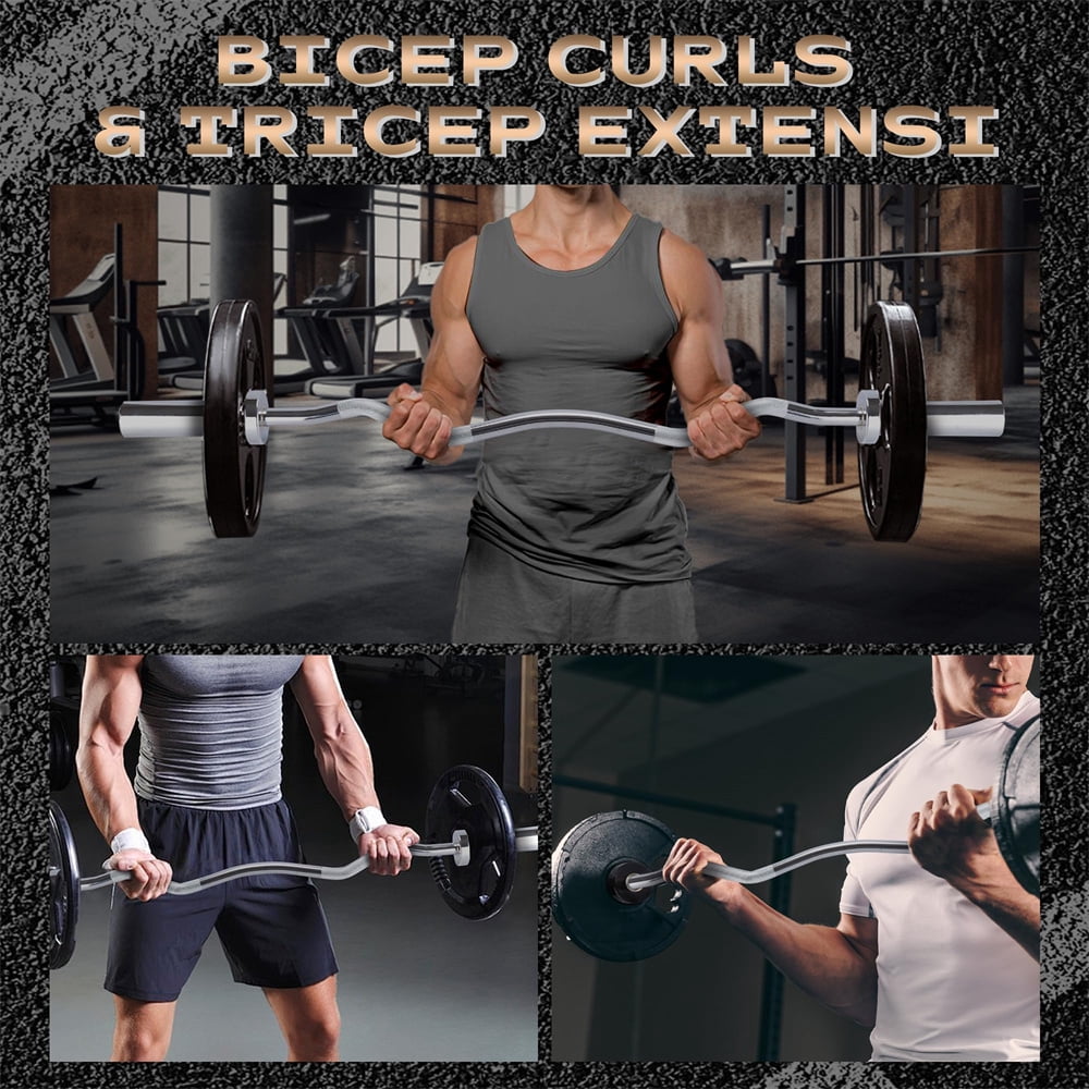 47" EZ Curl Bar for Weight Lifting, Biceps, Triceps, Back/Leg Muscle Group Exercise,Chrome Curling Bar Fit 2” Standard Weights