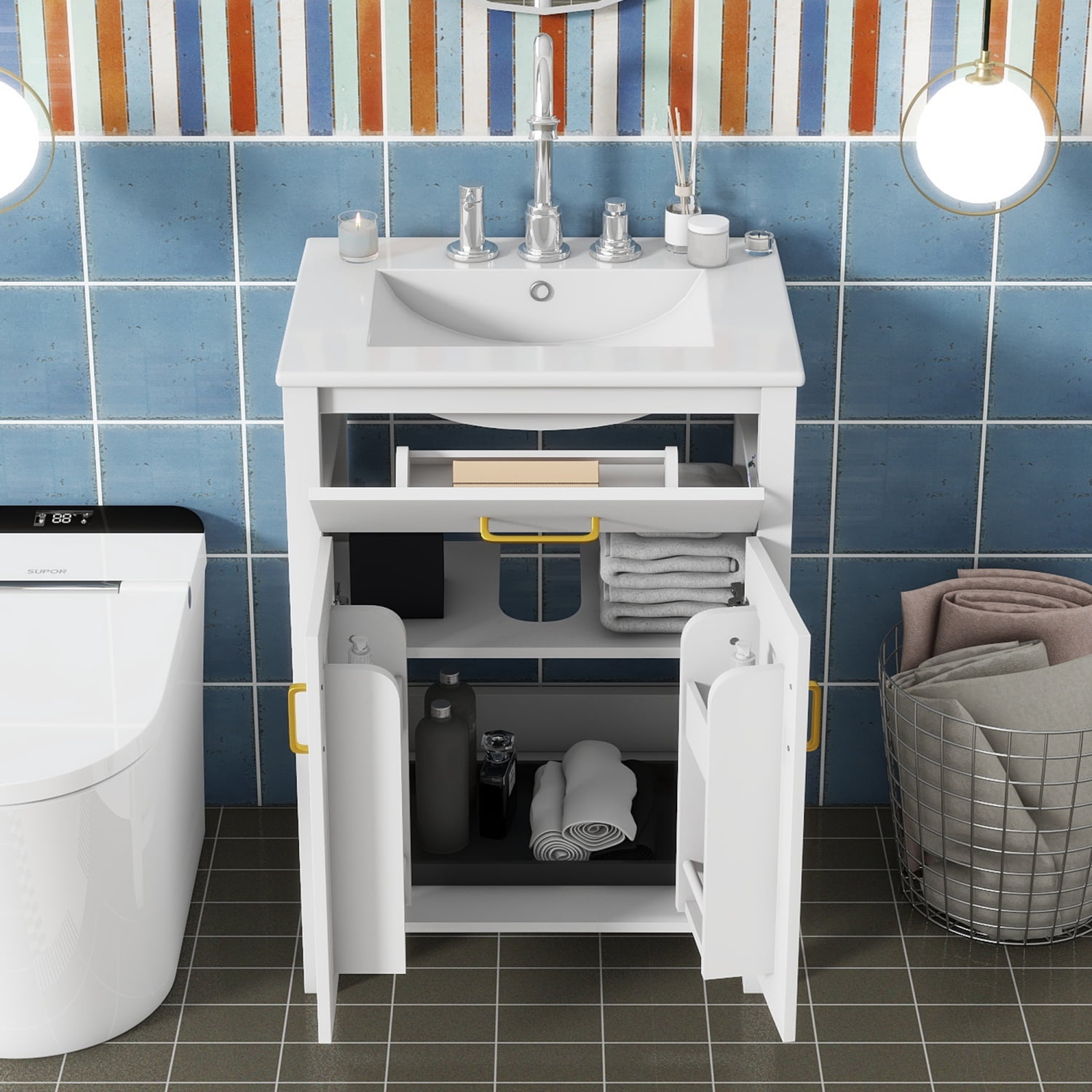 Harper & Bright Designs 24" Bathroom Vanity Combo with Ceramic sink, Small Bathroom Vanity Cabinet with 2 Storage Soft Close Doors, Gold+White
