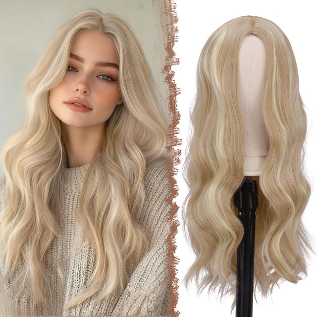 Yanonmyfd Long Dirty Blonde Wigs for Women, 24 inch Middle Parting Synthetic Wavy Wig for Daily Party