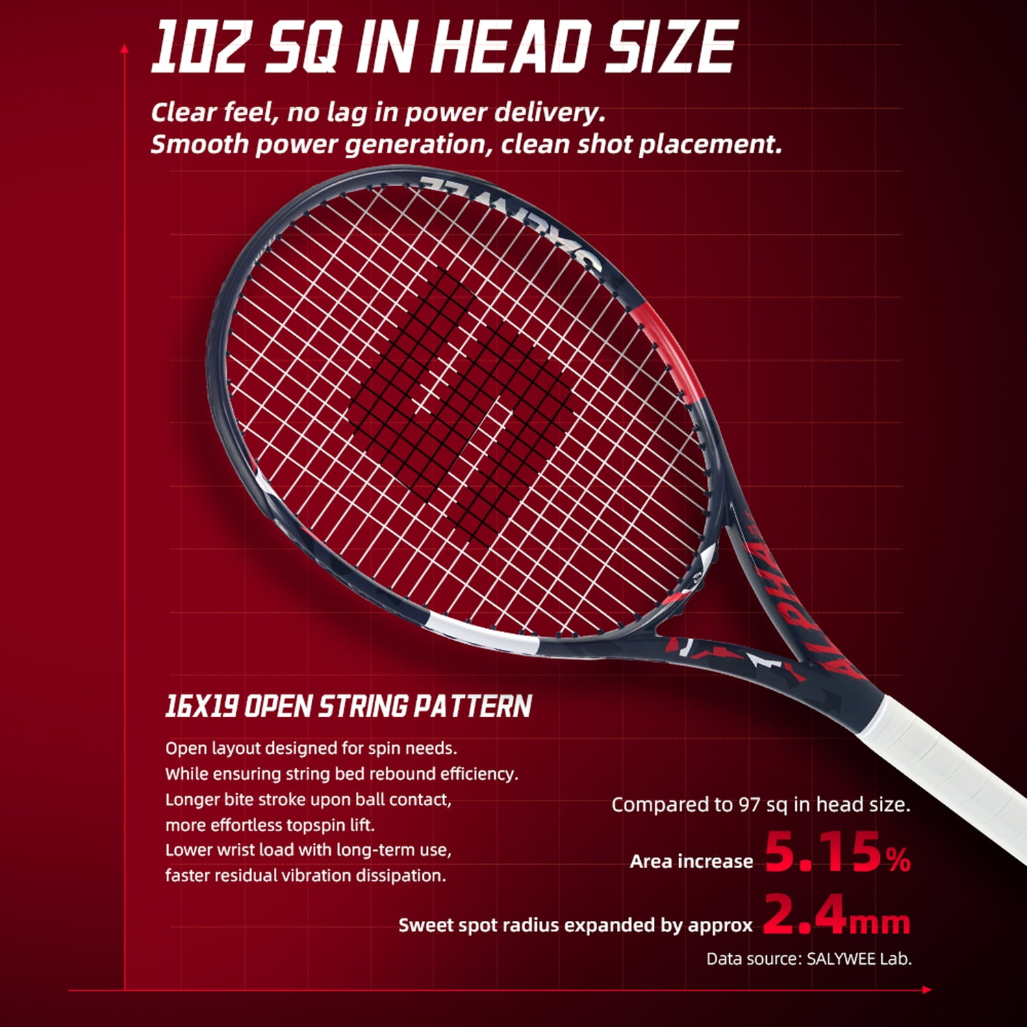 SALYWEE Alpha Control Tennis Racquet, Full Carbon Fiber, 102 sq.in. Head Size, 16x19 Strung, Lightweight 273±7g Unstrung, One-piece Molding for Precision & Power