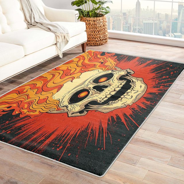 Skull Rug & Home Decor - Flame Skeleton Rugs for Living Room Bedroom, Washable Rugs, 5x7 Rug, Non Slip Soft Low Pile Large Indoor Area Rug, Horror Cool Carpet & Room Decorations Y-&78