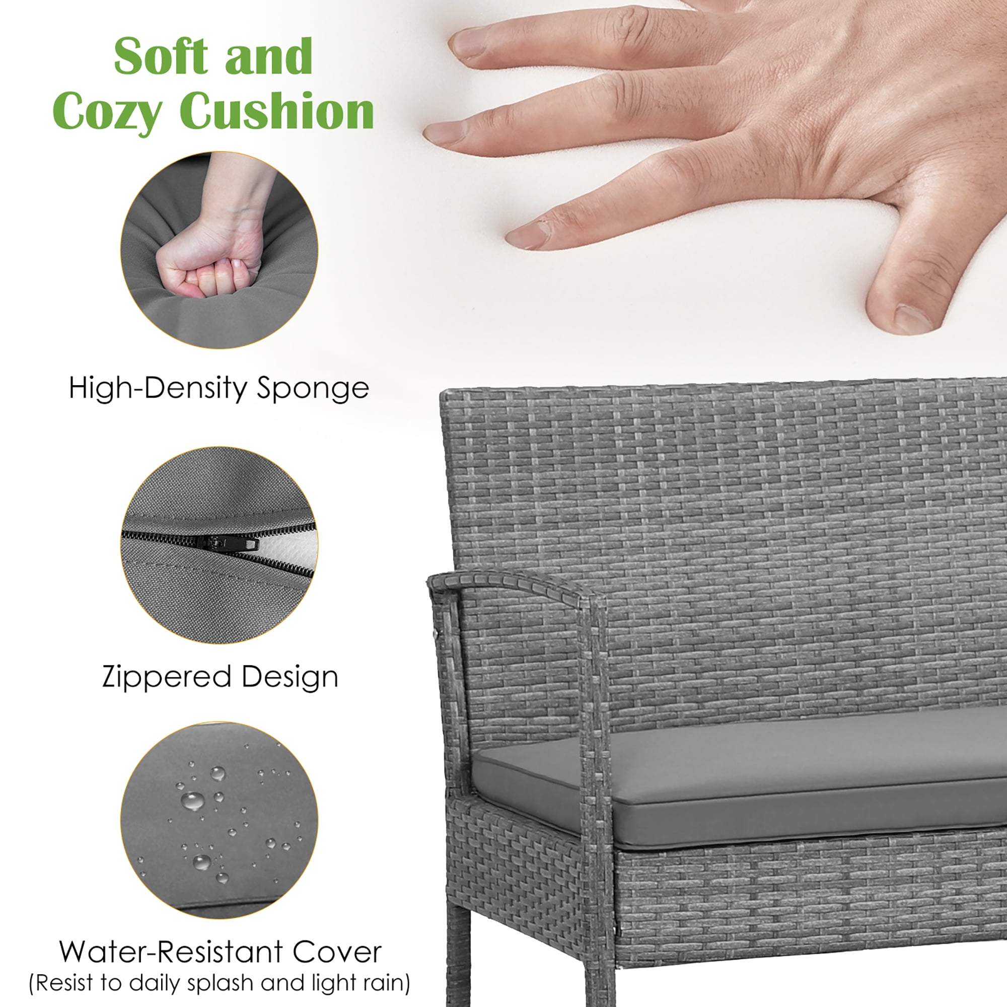 Costway 4-Piece Rattan Patio Furniture Set with Cushioned Chairs and Wooden Tabletop, Gray