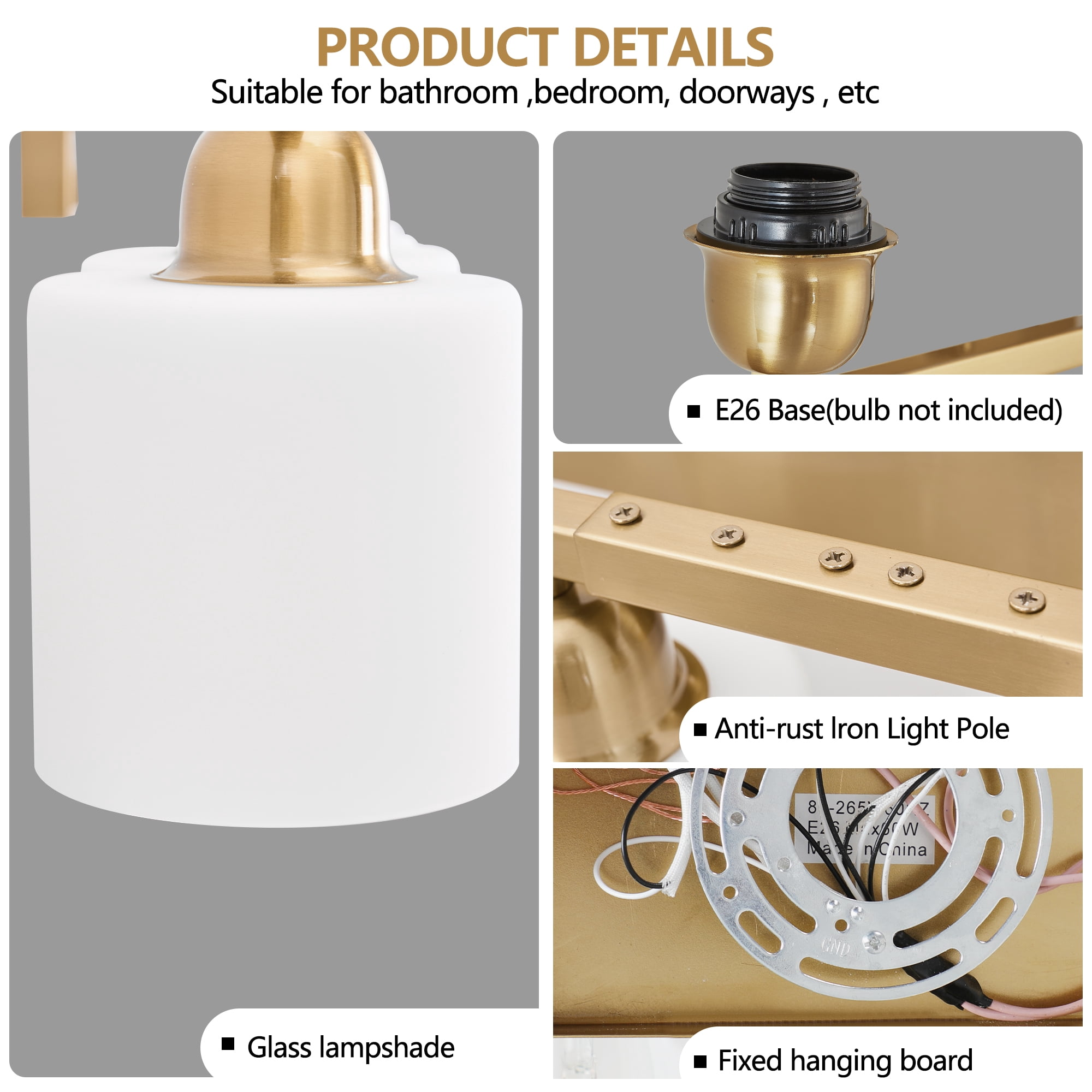 Miniyam 65 in 8 Light Gold Vanity Light for Bathroom, Wall-Mounted Fixtures Over Mirror, E26, No Bulbs Included