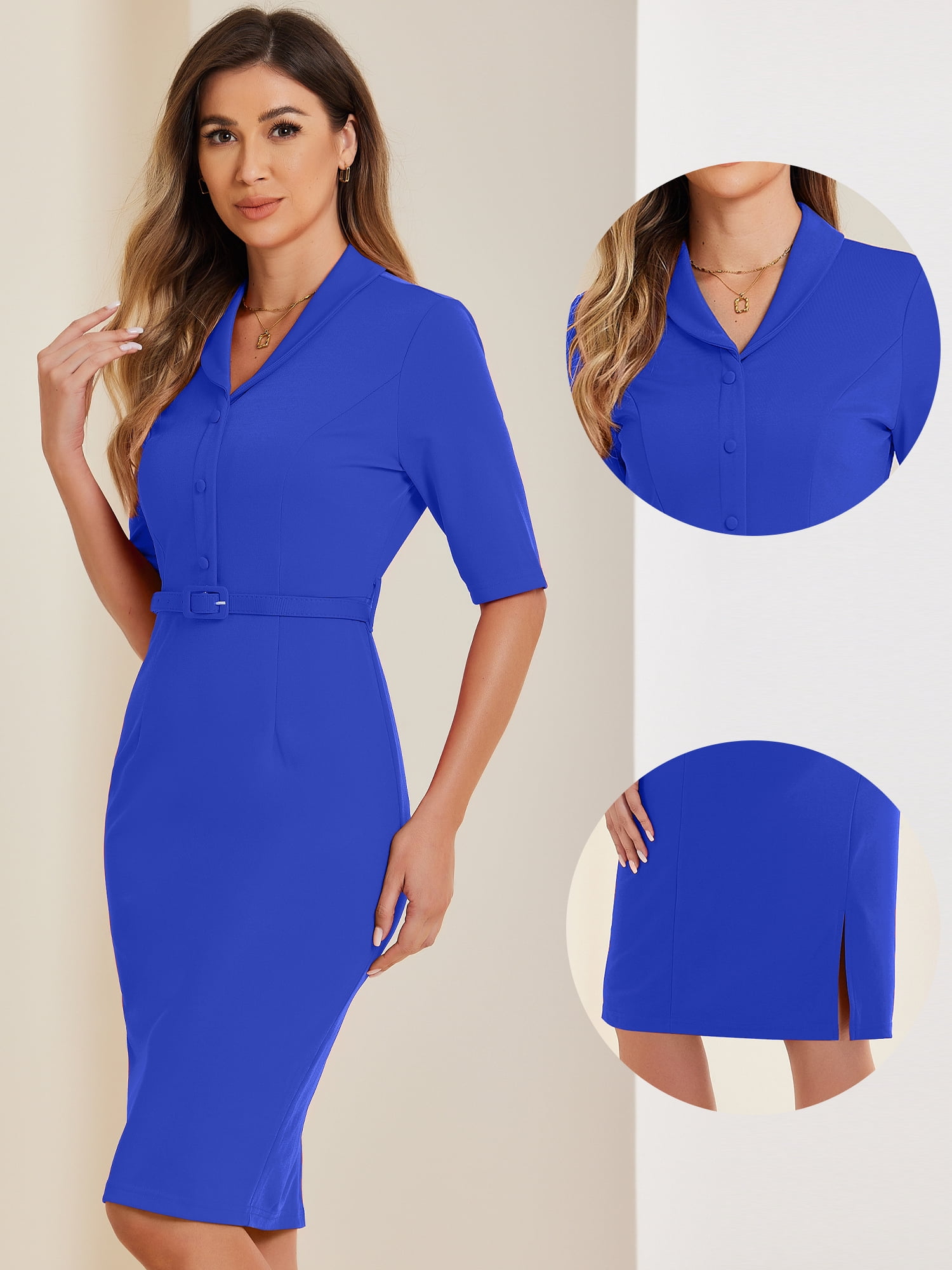 DARING DIVA Shawl Collar Half Sleeve Sheath Dress XS Royal Blue