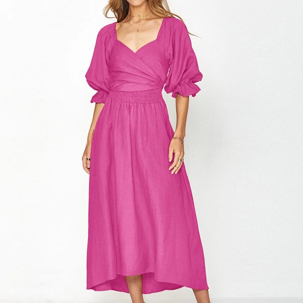 Vestido De Manga Farol Señoras una línea vestido elegante Chic plisado vestido Casual fiesta de noche vestidos largos Cgtredaw Rosa Roja Sgqpl030 Rosa Roja para Mujer