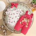 thumbnail image 4 of CAICJ98 Baby Girl Summer Clothes Suspender Jumpsuit Newborn Short Sleeve Ruffled Romper + Cute Cartoon Pants + Headband Outfits Set (Watermelon Red,0-3 Months), 4 of 7