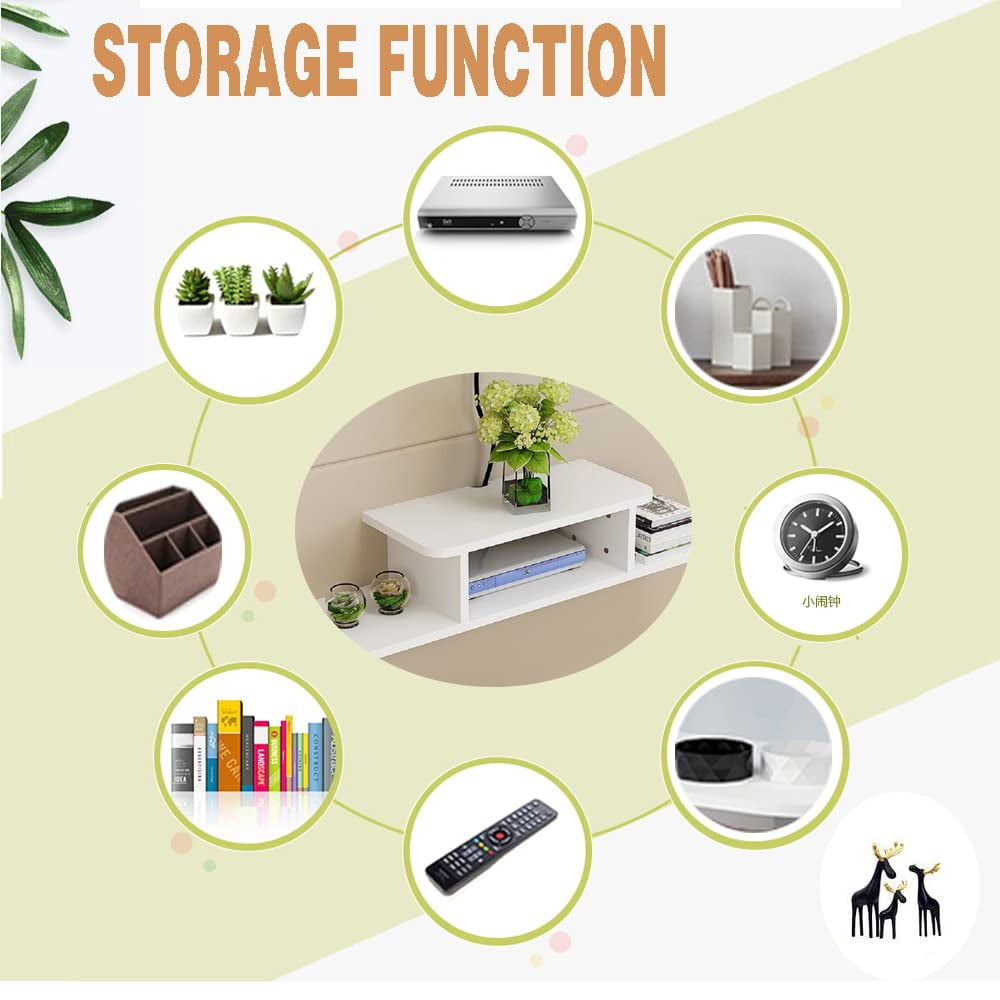 BiJun Floating TV Stand Wall Mounted, Router DVD Shelf, for Media Equipment, （White）