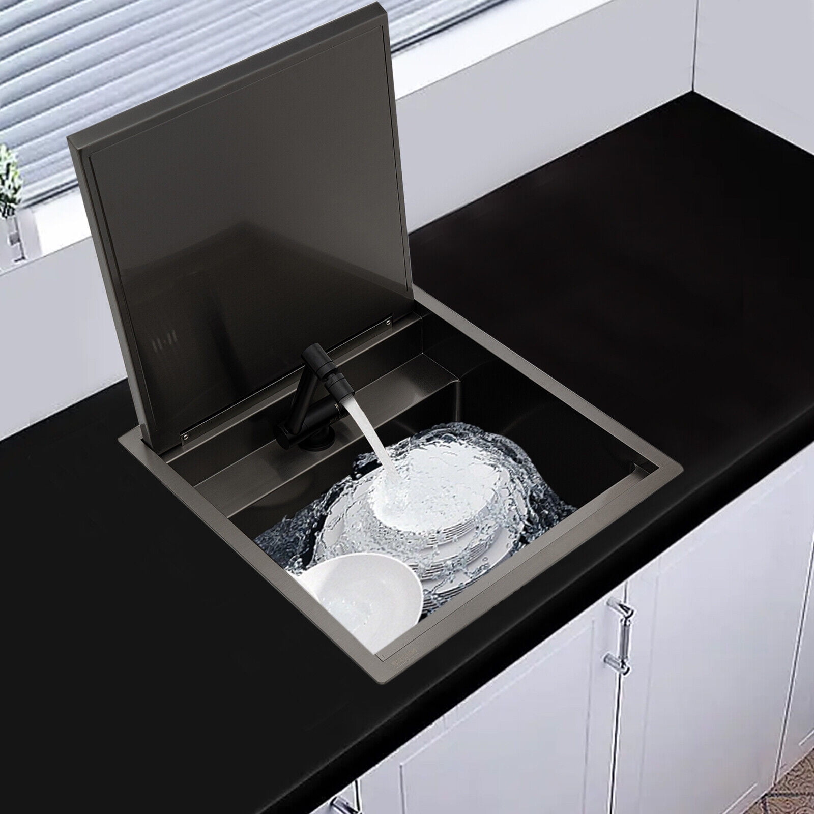 Hidden Kitchen Sink Single Bowl Sink with Foldable Faucet Stainless Steel Utility Sink