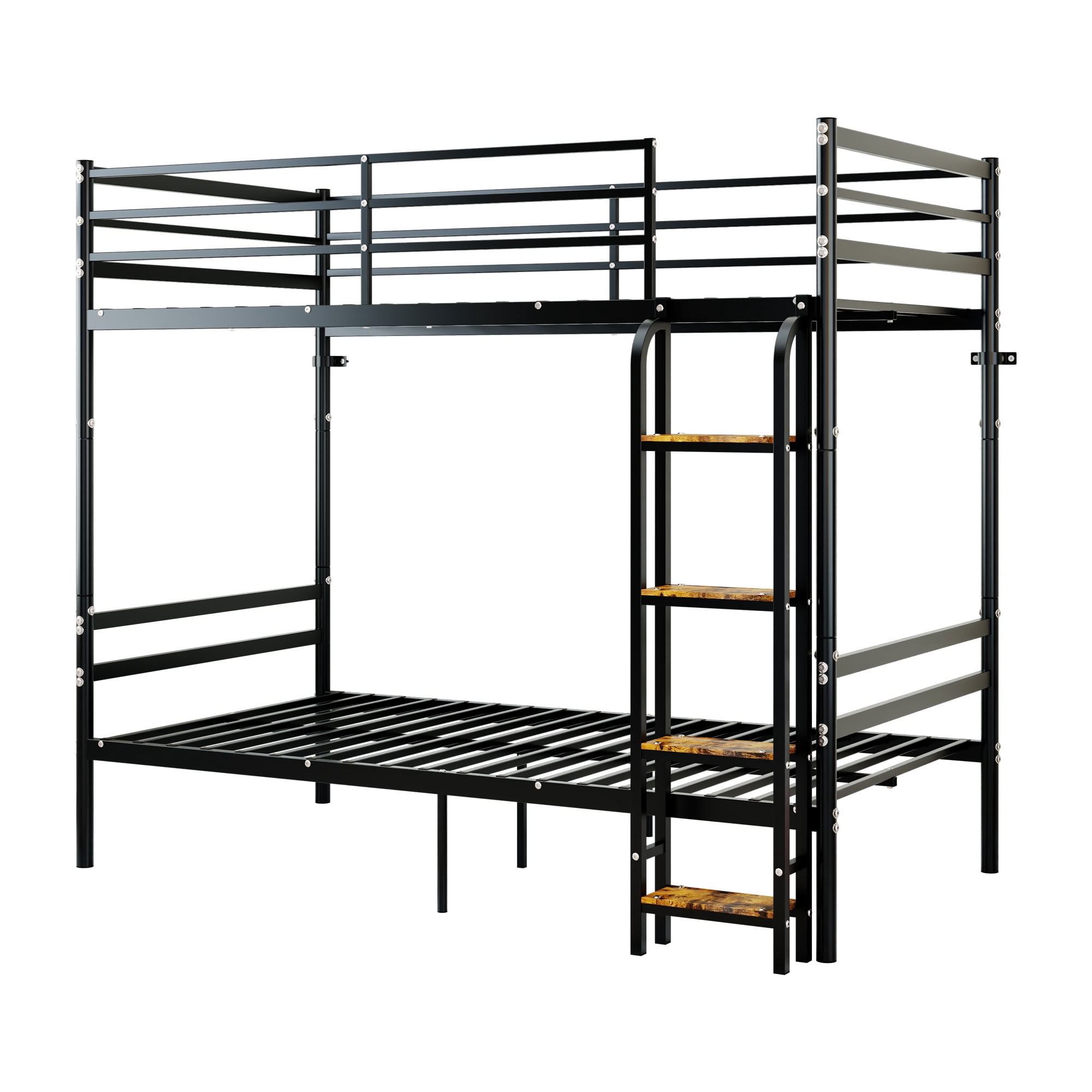 MAYEERTY Twin Over Twin Metal Bunk Bed, Heavy Duty Frame with Wooden Step Ladder and High Guardrail, Convertible Space-Saving Bed for Kids