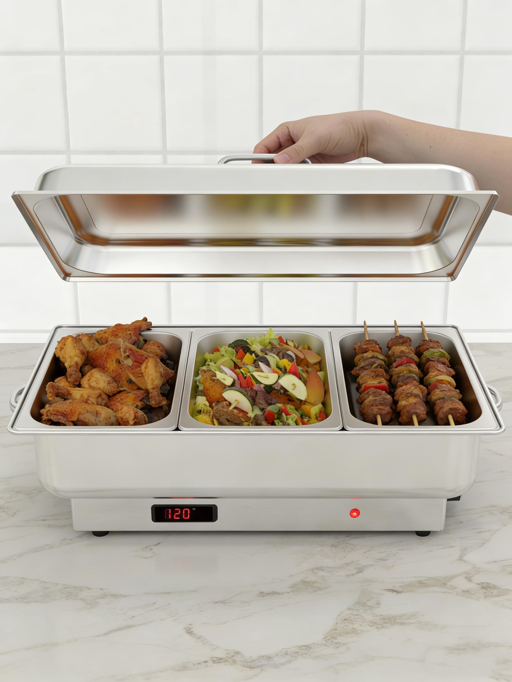 2 Pack Electric Chafing Dish Buffet Set,3 x 3 QT Stainless Steel Food Warmers, 600W Digital Display Temperature Control Serving Trays for Parties Catering Weddings, Sections Dishwasher Safe