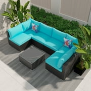 Ainfox 7 Pcs Outdoor Patio Furniture Sofa Set on Sale, Black-Blue