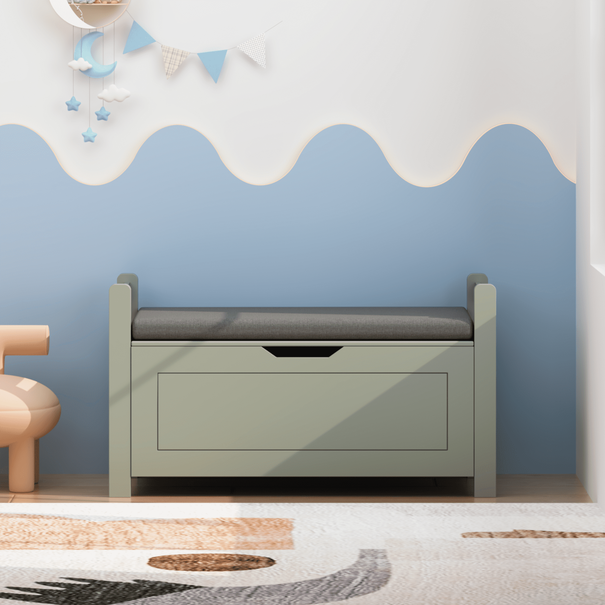MDF Toy Box with Cushion Seat Flip-Top Safety Hinge 35 Inch Kids Storage Organizer