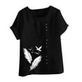 thumbnail image 4 of QUNYINEY Womens Summer Tops Short Sleeve Casual Feather Crew Neck Shirts Button Loose Linen Pullover Tops, 4 of 4