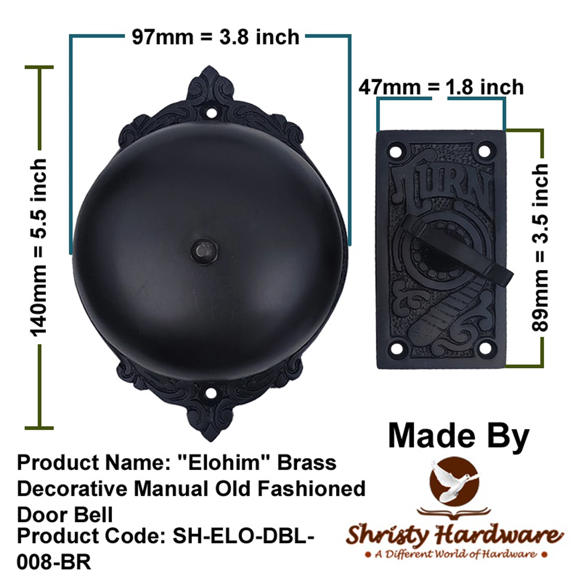 Shristy Hardware "Elohim" Brass Manual Old Fashioned Door Bell – Vintage Twist Bell with Key Plate – Mechanical Doorbell for Home – (Pack of 1 Black Antique Finish)