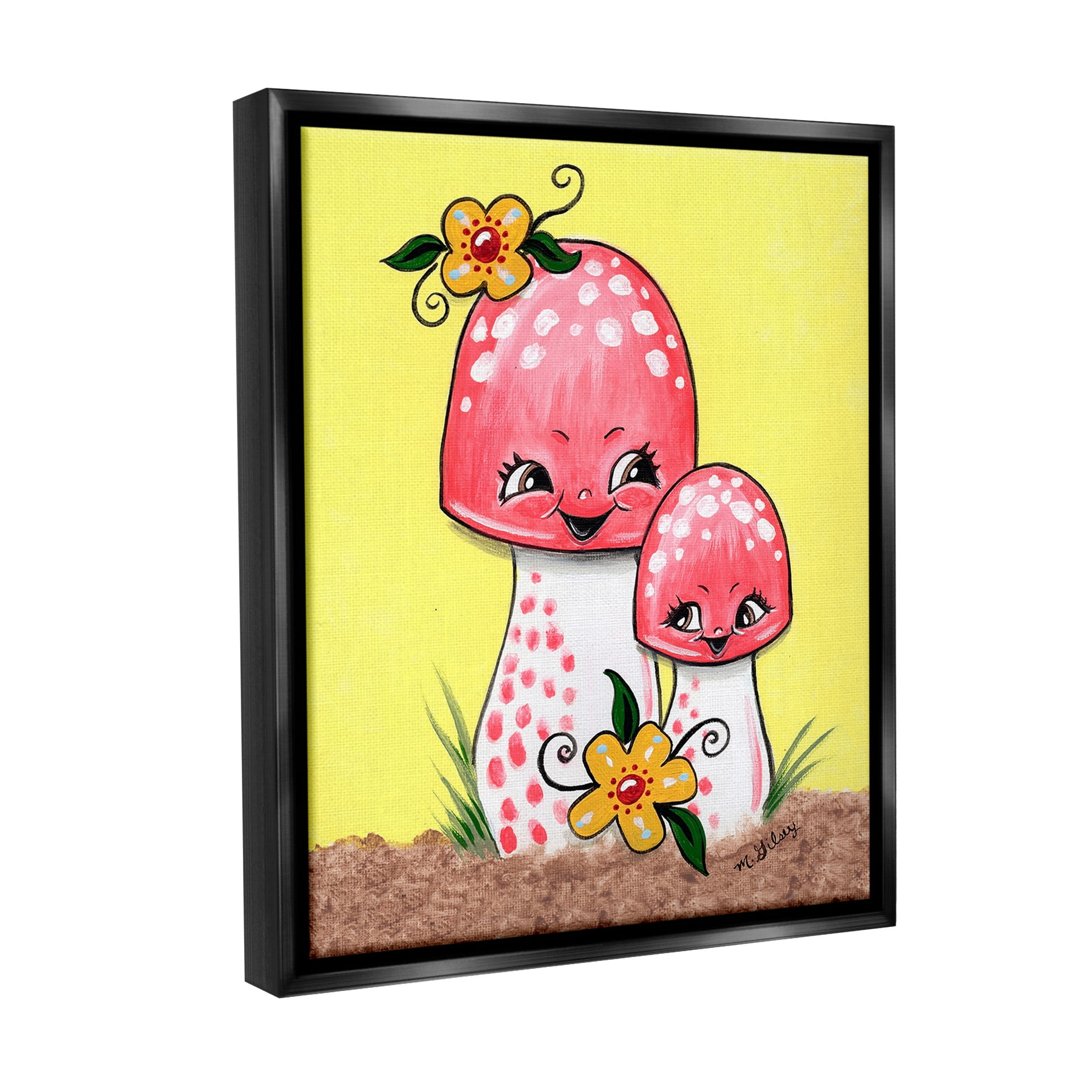 Stupell Industries Happy Mushrooms & Flowers Botanical & Floral Painting Black Floater Framed Canvas Art Print Wall Art, 25 x 31