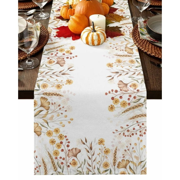 Fall Table Runner Thanksgiving Autumn Wildflower Table Runners Wheats Ginkgo Sunflower Cotton Linen Dresser Scarf Kitchen Dining Table Decor for Fall Holiday Party Decor 13x90 Inch