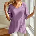thumbnail image 4 of Yrmaups Loose Fit Short Sleeve T Shirt for Women, Casual V Neck Blouse, Soft Stretch Button Down Tee for Beach Travel Office Daily Wear, Purple 2XL, 4 of 8