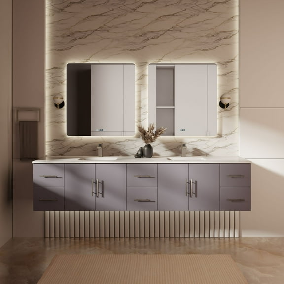 Sonoma 84 in W x 22 in D Dark Grey Double Bath Vanity, White Quartz Top and 36 in LED Mirrors