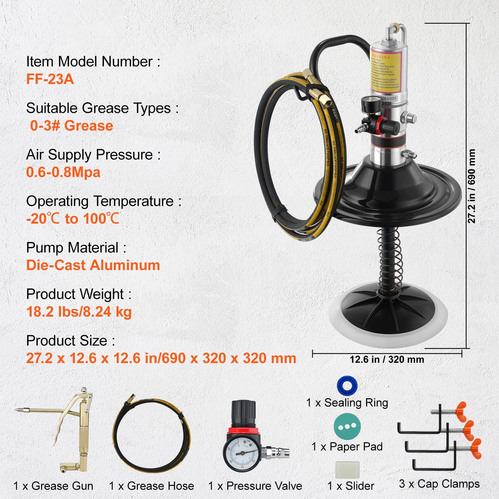 KFFKFF Grease Pump Air Operated Grease Pump 0.6-0.8Mpa 13 ft Hose with Barrel Cap