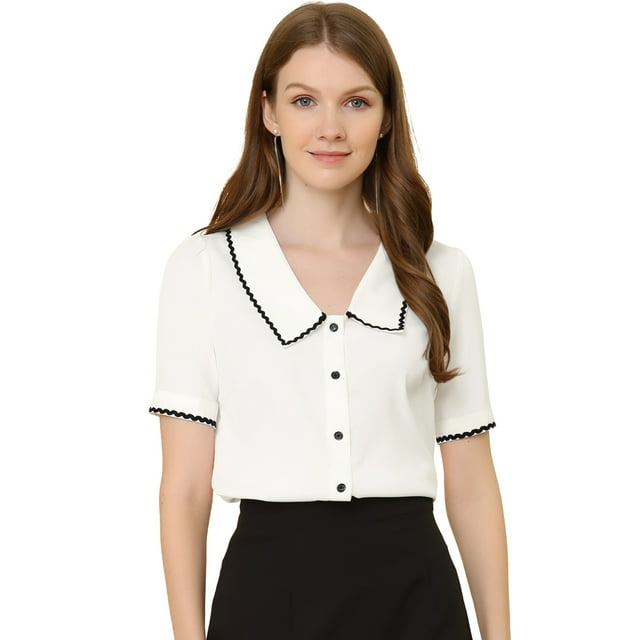 INSPIRE CHIC Blusa De Chifón Con Botones De Manga Corta Y Cuello Peter Pan Para Mujer Blanco XS