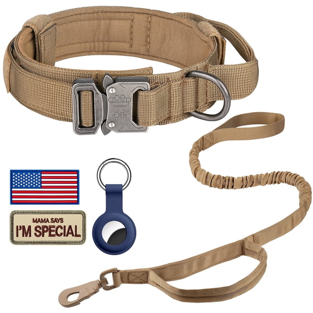 WAAYEE Collar Táctico para Perro, Collar Ajustable de Entrenamiento Militar de Nylon con Asa de Control y Hebilla de Metal Pesado para Perros Medianos y Grandes, con Parches y Estuche para Airtags (X