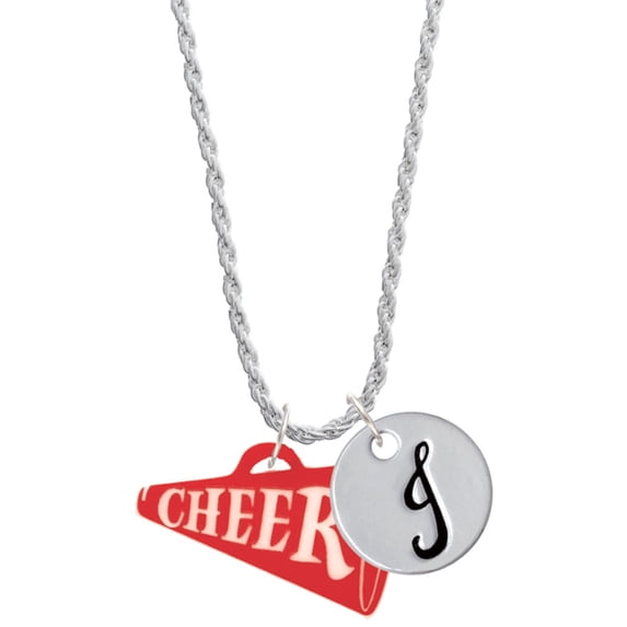 Delight Jewelry Acrylic 1.25" Red Cheer Megaphone Silvertone Script Initial Disc - J - Charm Necklace, 20"+3"