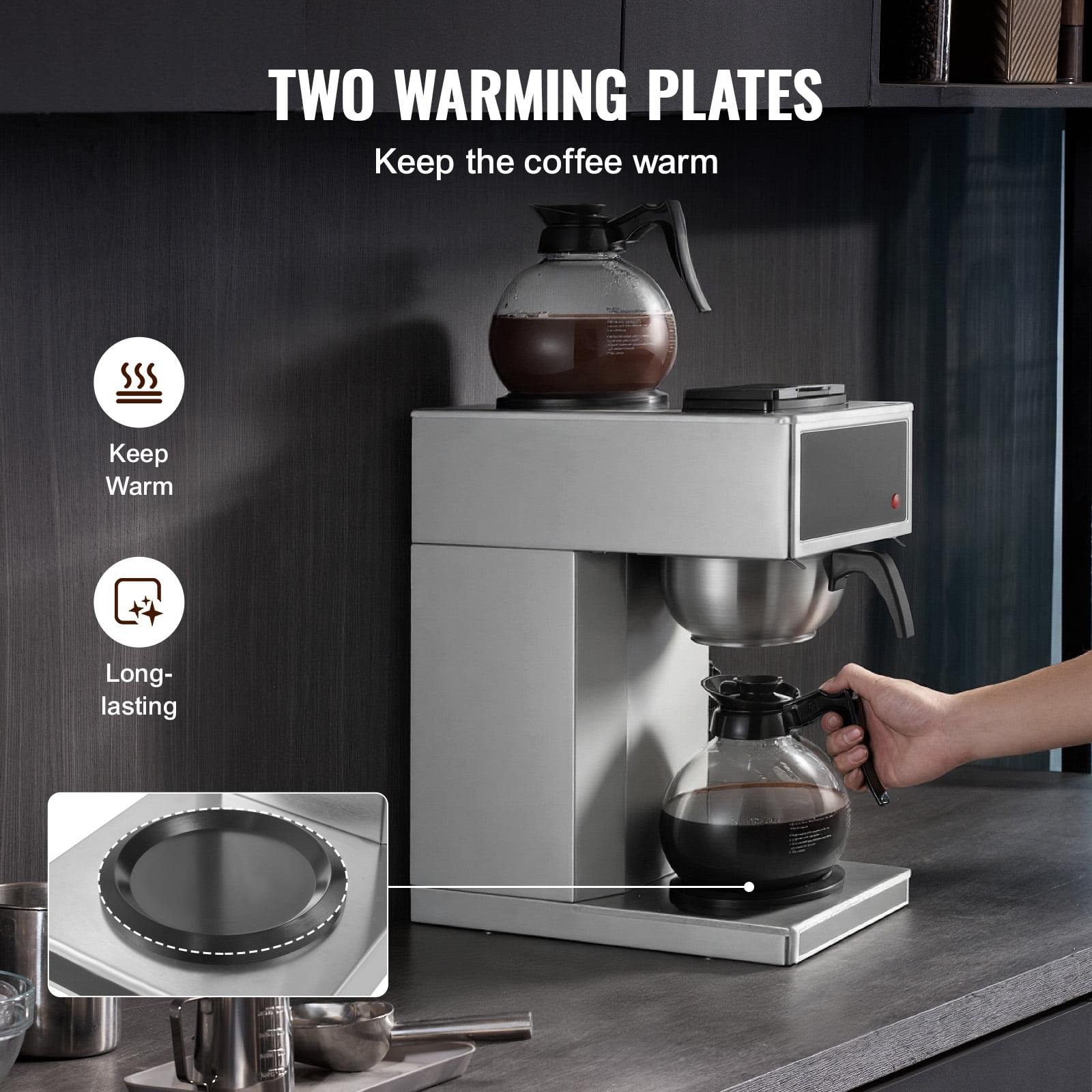 KFFKFF Commercial Drip Coffee Maker, 12-Cup Machine with Dual Glass Carafes and Two Warming Plates, Stainless Steel Brewer for Restaurants, Offices, Cafes, and Homes