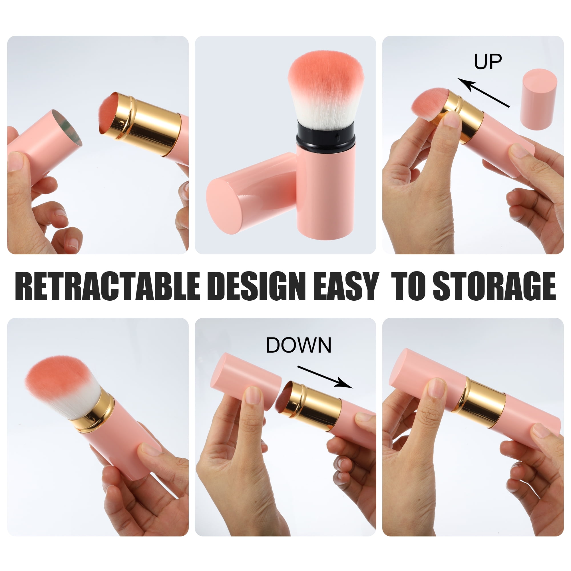 Unique Bargains Makeup Brush Kit Travel Retractable Angled Highlight Pink 2 Pcs