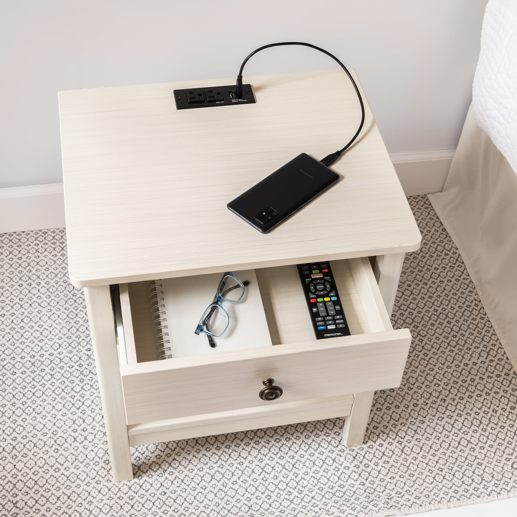 DecorTech Traditional Rectangular End Table with AC Power and USB Charging Ports, White