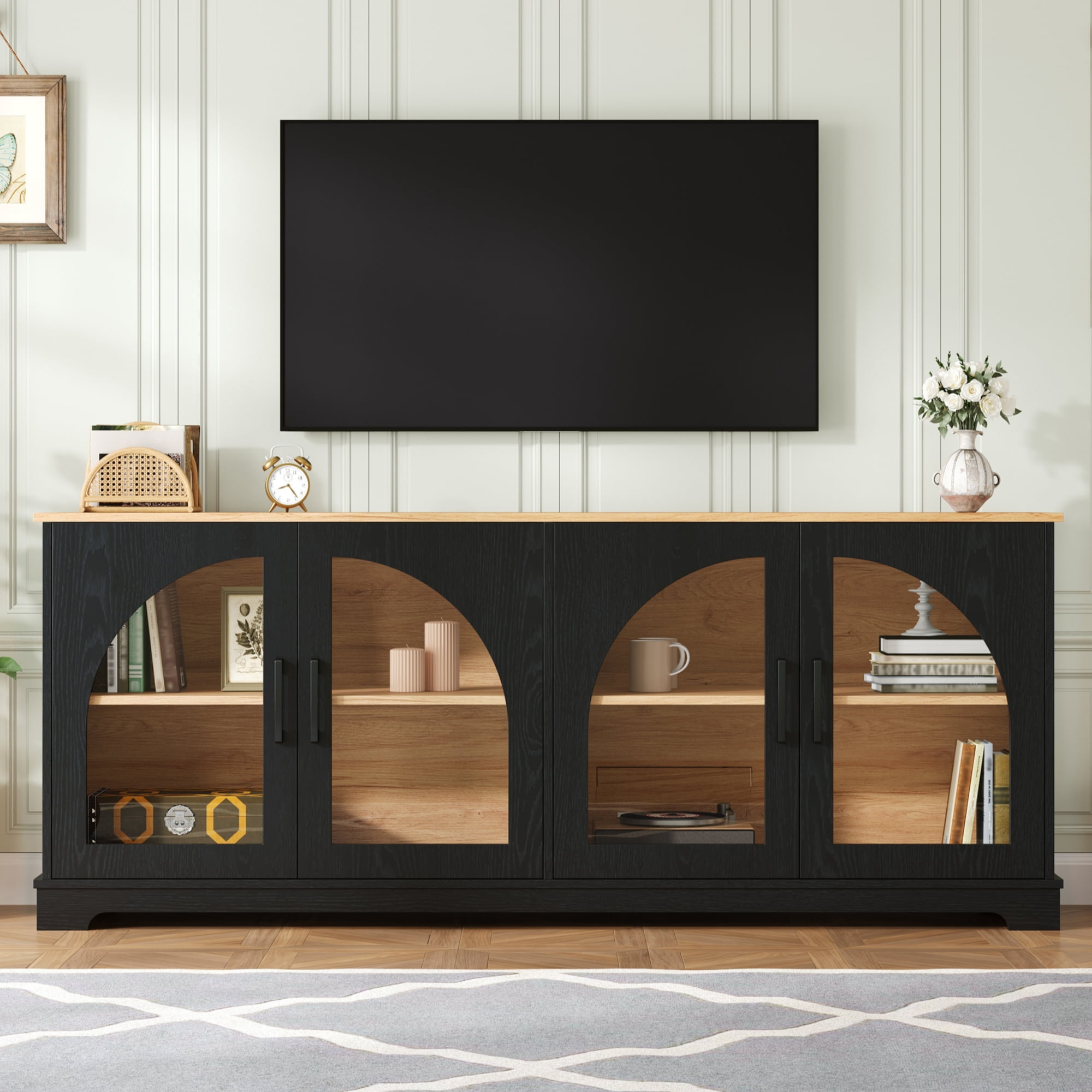 Miniyam Media Console for 70″ TVs: Farmhouse Stand with Semi-Arched Glass Doors, Adjustable Shelves, Cable Management, Black