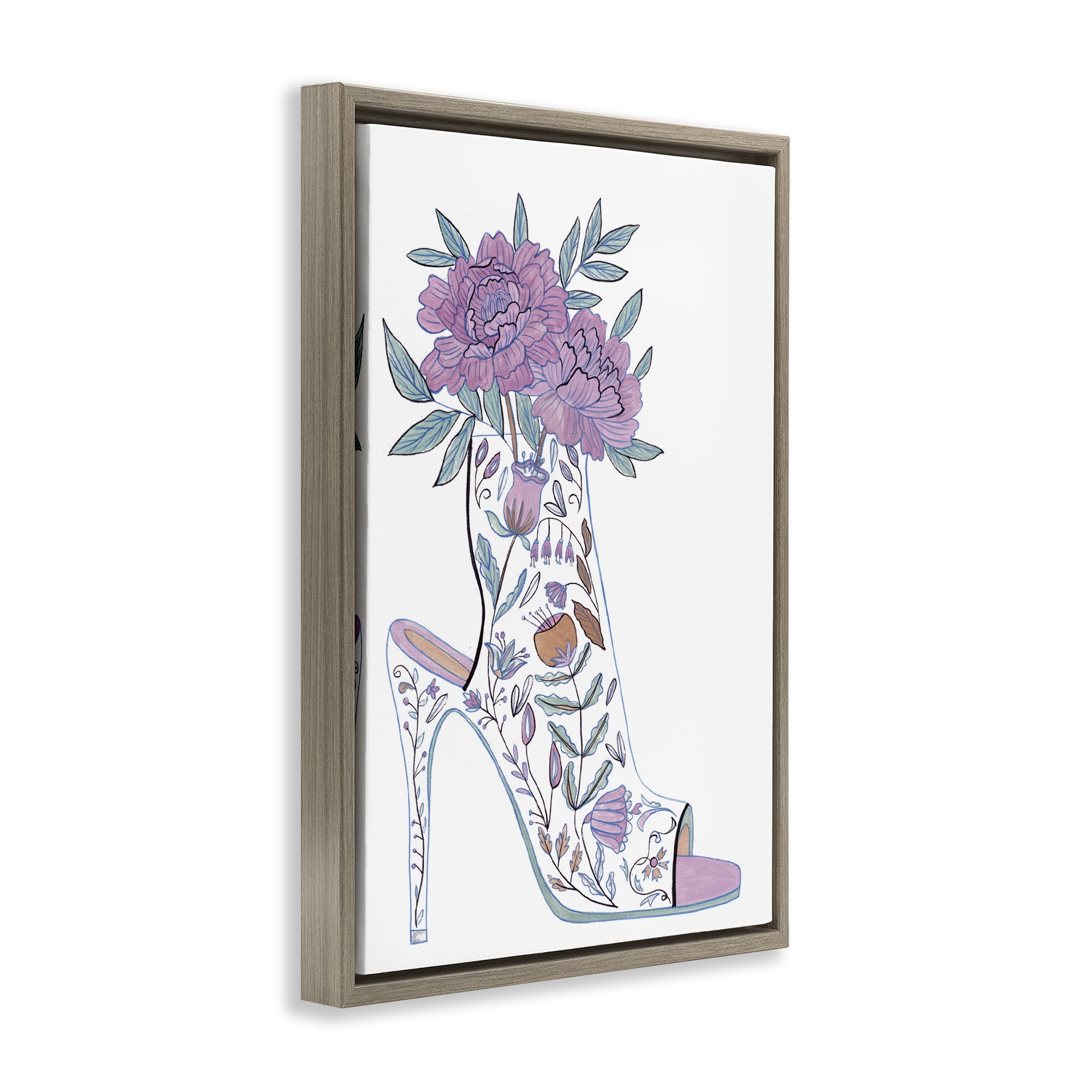 Stupell Industries Shoe with Bouquet Botanical & Floral Painting Brown Floater Framed Art Print Wall Art, 21 x 31