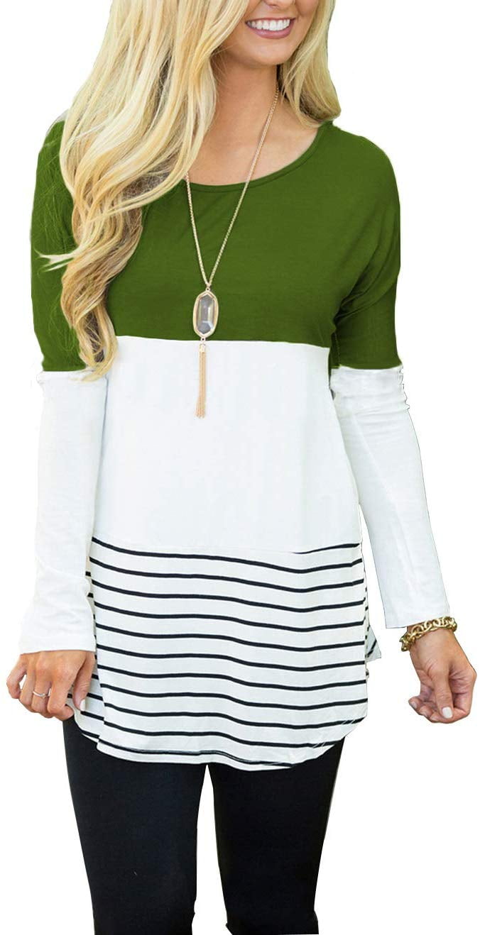 Womens Back Lace Color Block Tunic Tops Long Sleeve T-Shirts Blouses with Striped Hem