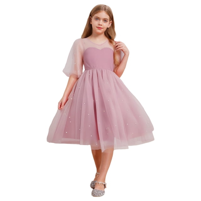 Jizyo Robe de Princesse en Tulle pour Filles, Col Rond, Manches Courtes Bouffantes, Robe de Demoiselle d'Honneur, Demoiselle d'Honneur, Rose 130