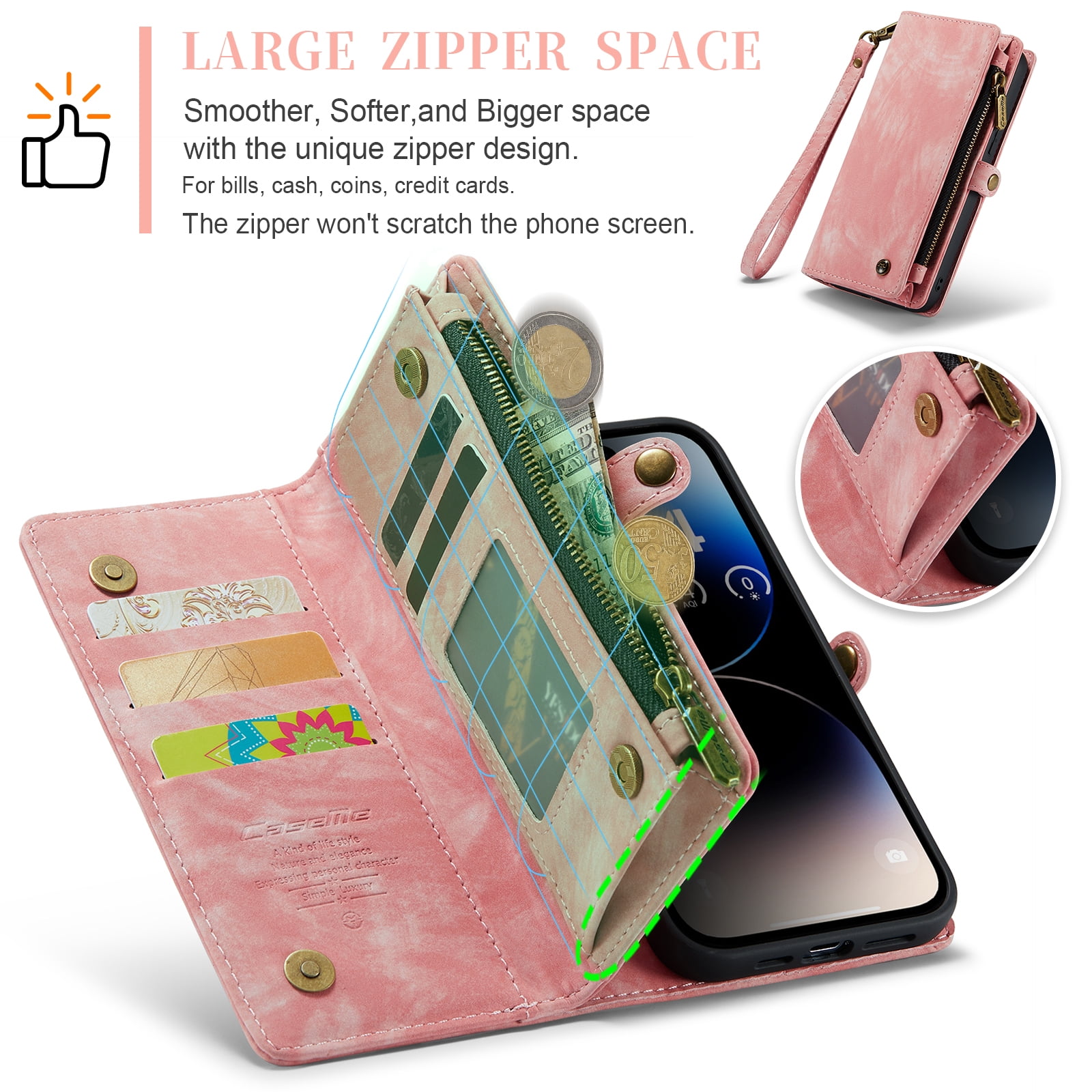 TECH CIRCLE 2-in-1 Magnetic Phone Case with Wrist Strap for iPhone 17 (2025), Detachable Flip Wallet Case with 8 Card Slots, Zipper Pocket, Stand, Protective Slim Magnetic Back Cover, Pink