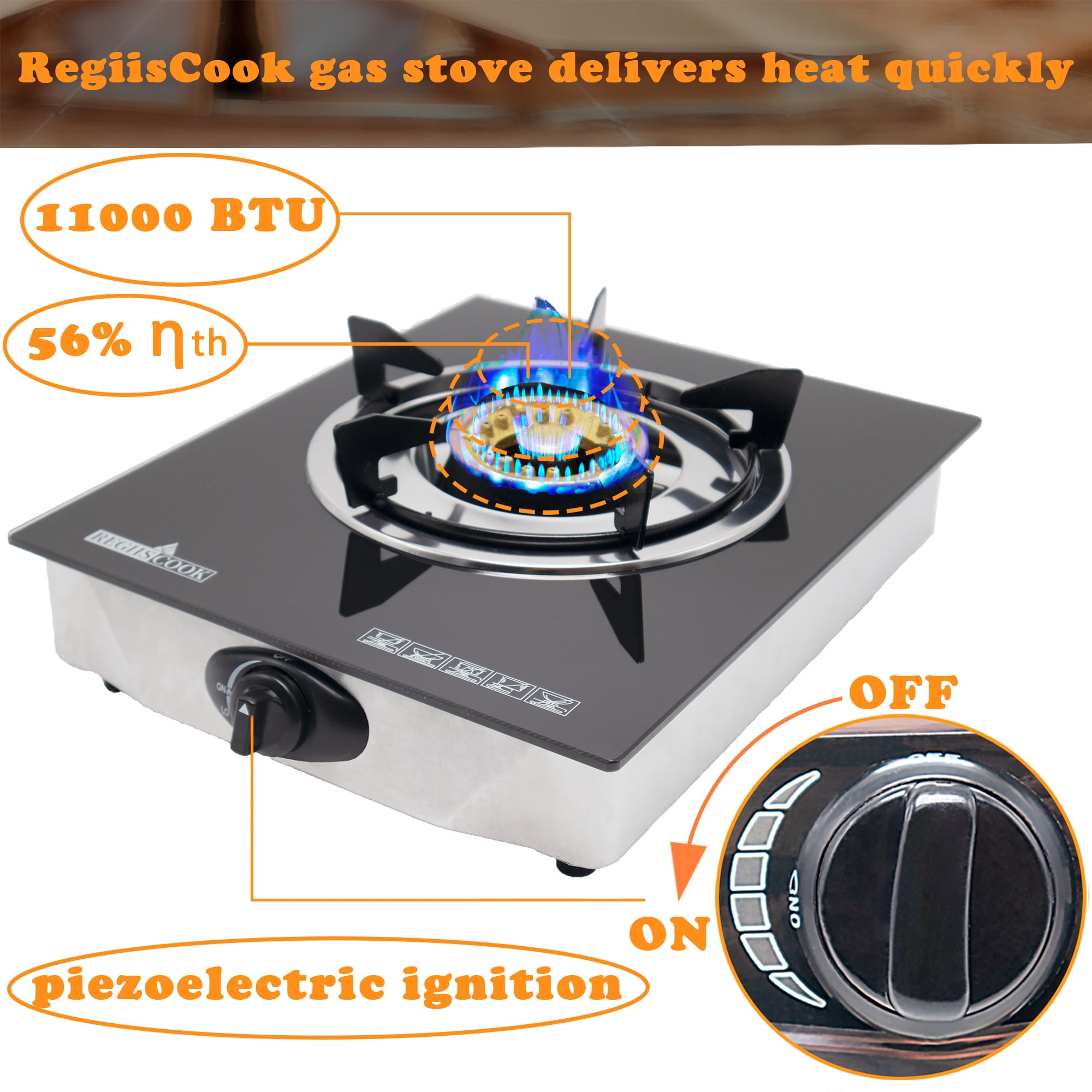 RegiisCook 1 Burner Propane Gas Cooktop,Camping Portable LPG Gas Stove Glass
