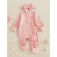 thumbnail image 4 of Gzhioc Newborn Baby Girl Fall Outfit 0 3 6 Months Bow Print Long Sleeve Full Length Zipper Front Ribbed Jumpsuit Bow Headband 2Pcs Set, 4 of 9