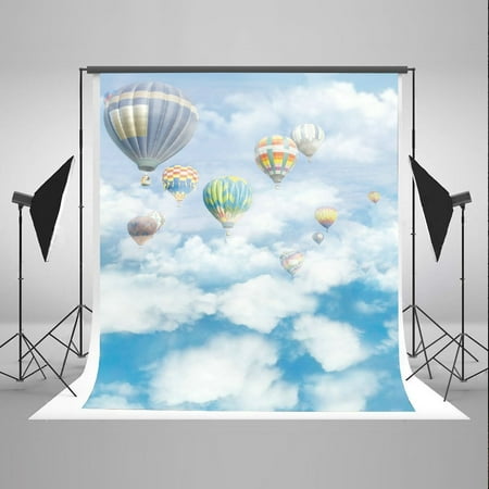 Image of 5x7ft Air Scene Photo Backdrops Blue Sky White Cloud Background Hot Air Balloon Flying Photography