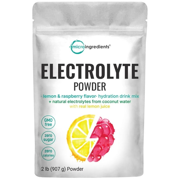 Micro Ingredients Hydration Electrolyte Powder, 2lbs (139 Servings), Keto & No Sugar - High Potassium (1000mg) with Lemon Raspberry Flavored - Made with Real Lemon Juice & Coconut Water - Non-GMO