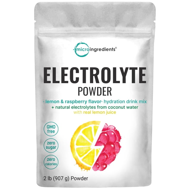 Micro Ingredients Hydration Electrolyte Powder, 2lbs (139 Servings), Keto & No Sugar - High Potassium (1000mg) with Lemon Raspberry Flavored - Made with Real Lemon Juice & Coconut Water - Non-GMO