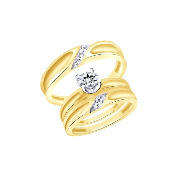AFFY White Natural Diamond Accent Engagement & Wedding Trio Band Ring Set In 10k Yellow Gold (0.04 Cttw)
