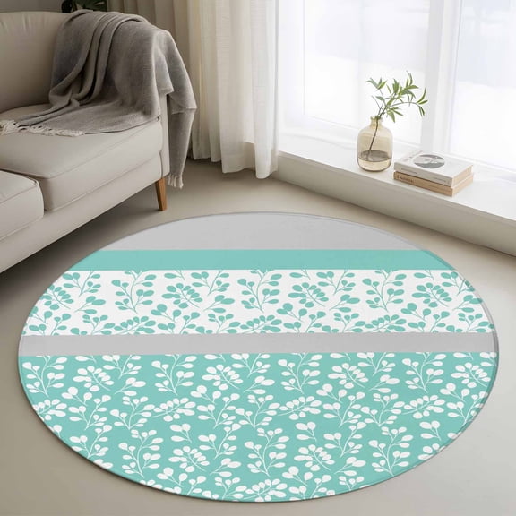 Round Rugs 3Ft, Turquoise Floral Round Area Rug Washable Indoor Throw Carpet, Botanical Blossom Motif Boho Grey Stripes Small Non Slip Circle Rug for Bedroom Living Room Home Decor Aesthetic