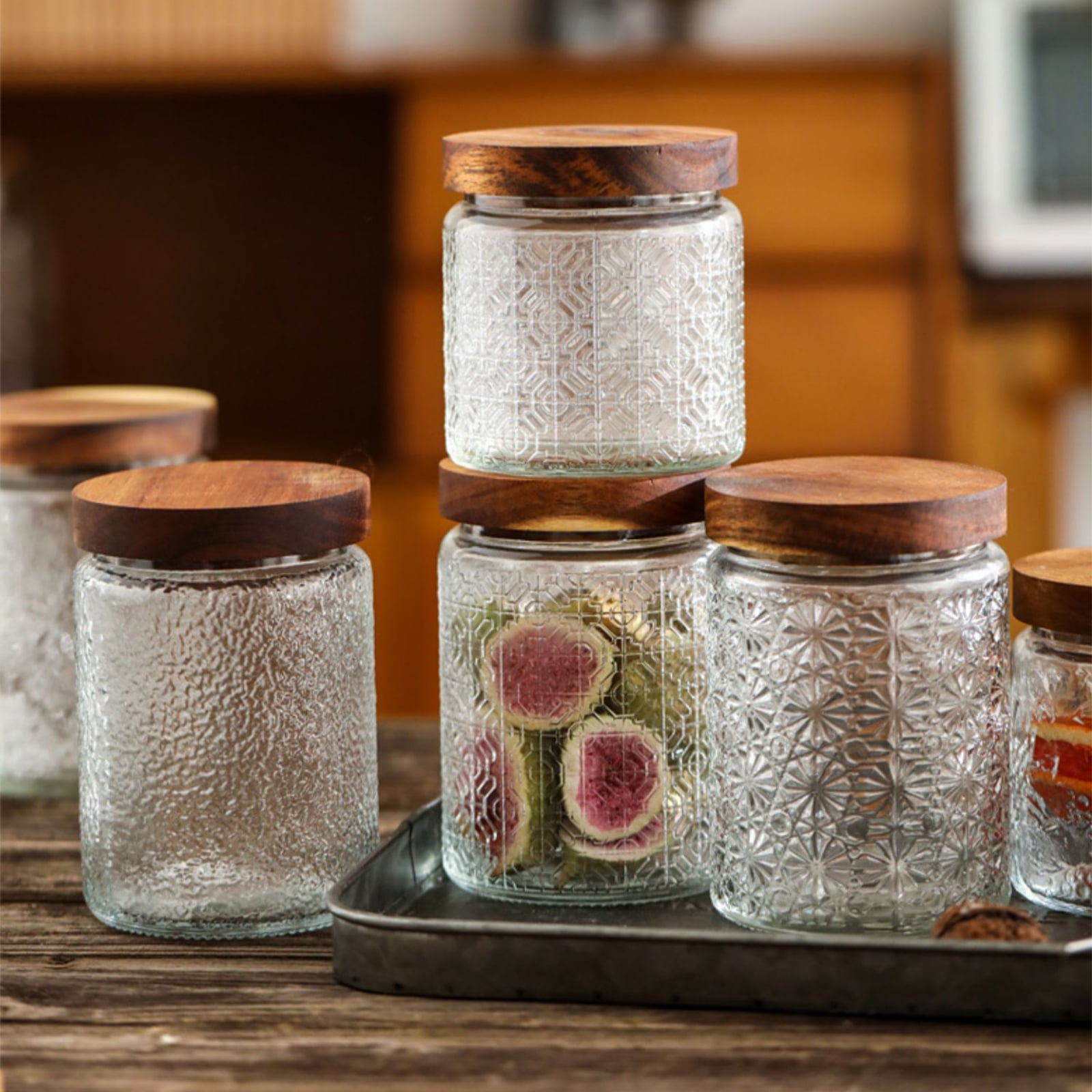 24 OZ/6PCS Glass Storage Jar with Airtight Bamboo Wooden Lids,Vintage Food Containers Canisters Sets for Kitchen Counter Pantry,Sugar,Flour,Candy,Tea,Coffee Beans,Oats,Grain Bin