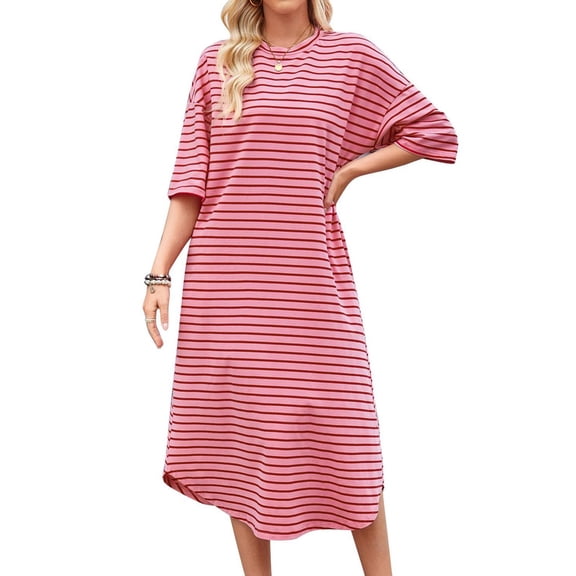 Busydd Women Dresses Fashion Striped Maxi Dress Round Neck 1/2 Sleeve Spring Dress Casual Comfort Loose Long Dresses for Women with Pockets
