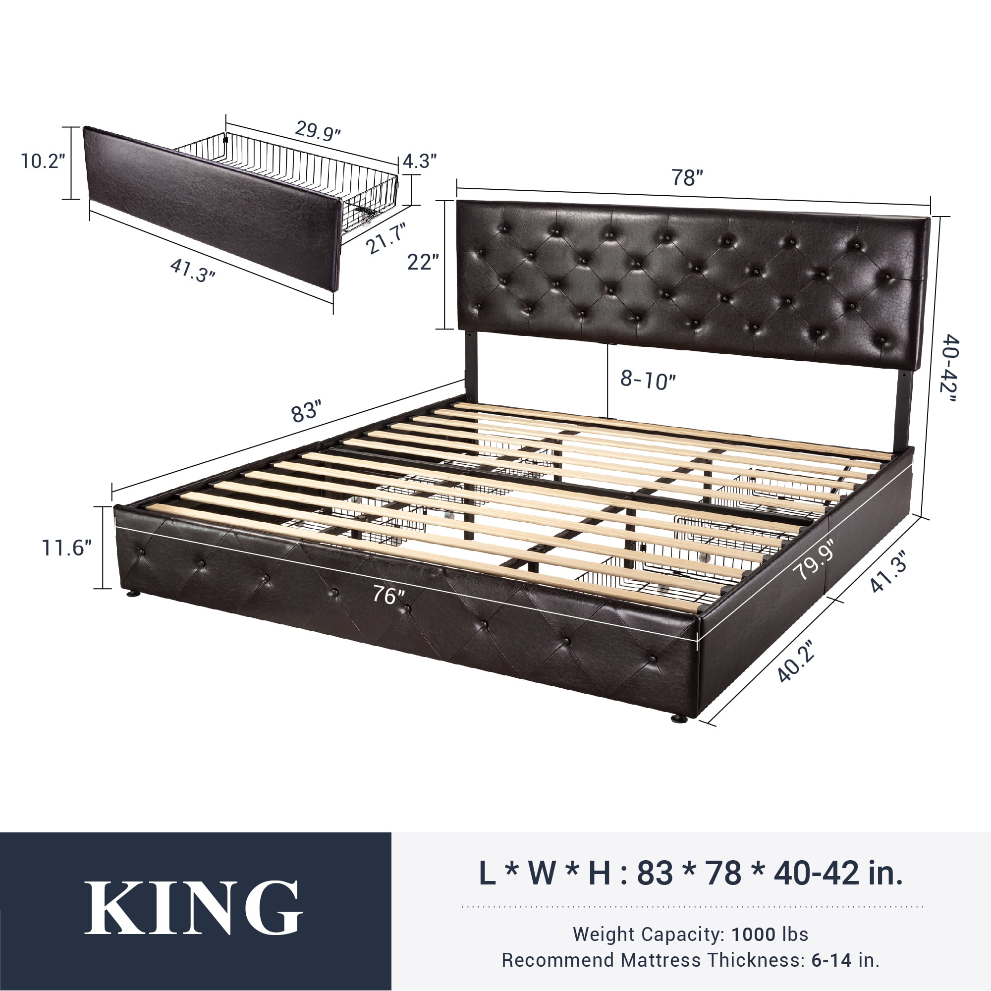 Sifurni King Size Upholstered Platform Bed Frame with 4 Drawers and Diamond Stitched Button Tufted Headboard, Black-brown
