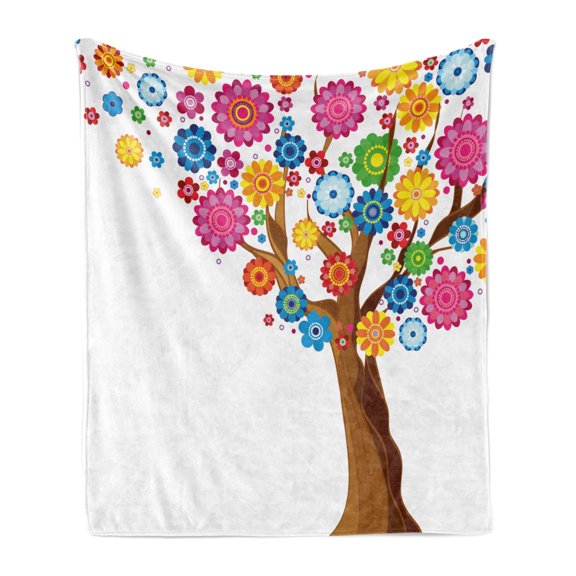 Floral Soft Flannel Fleece Throw Blanket, Spring Flower Tree Flourishing Vibrant Blossoms Foliage Petals Kids Summer Print, Cozy Plush for Indoor and Outdoor Use, 70" x 90", Multicolor, by Ambesonne