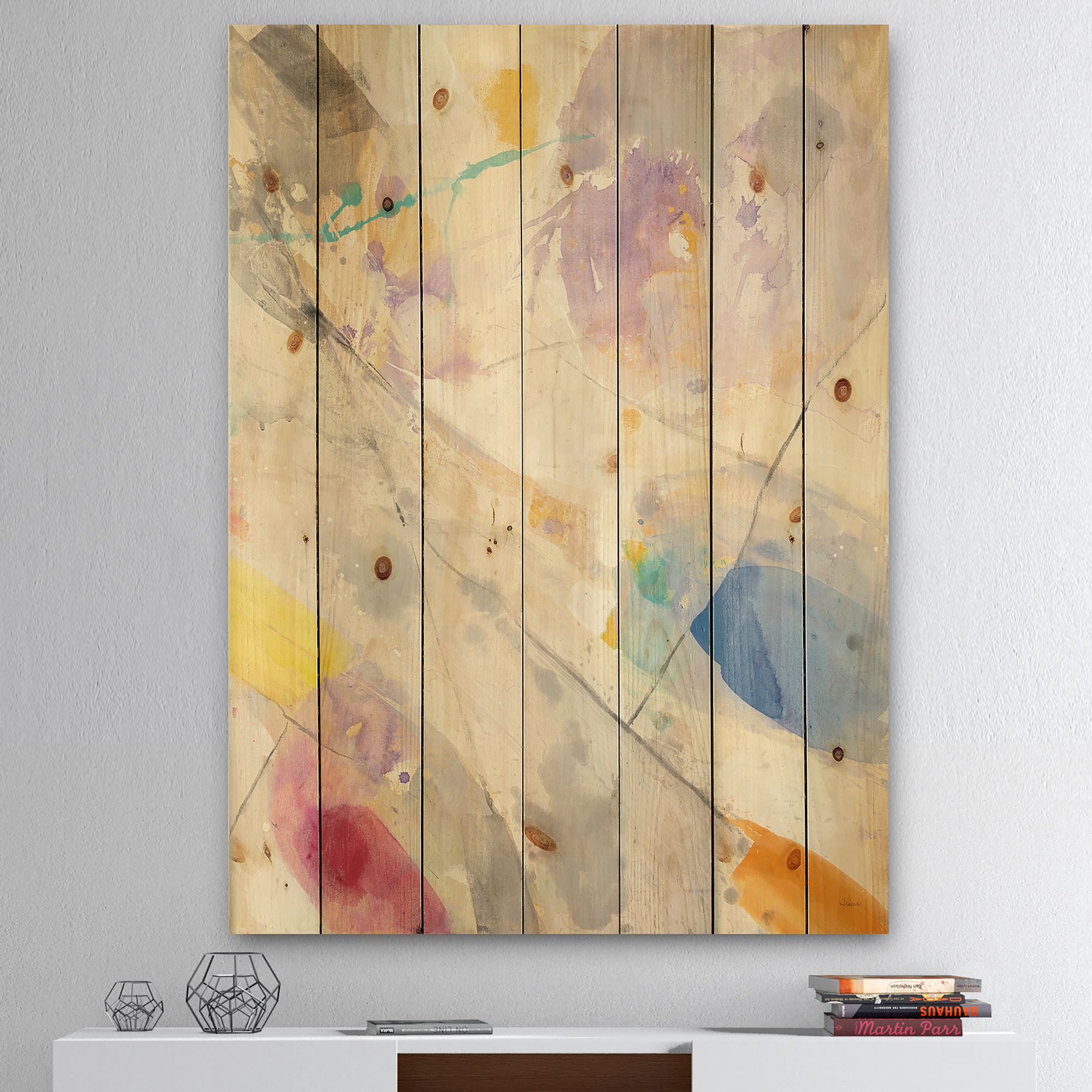 Designart 'Minimalist Spring Confetti I' Modern & Contemporary Print on Natural Pine Wood