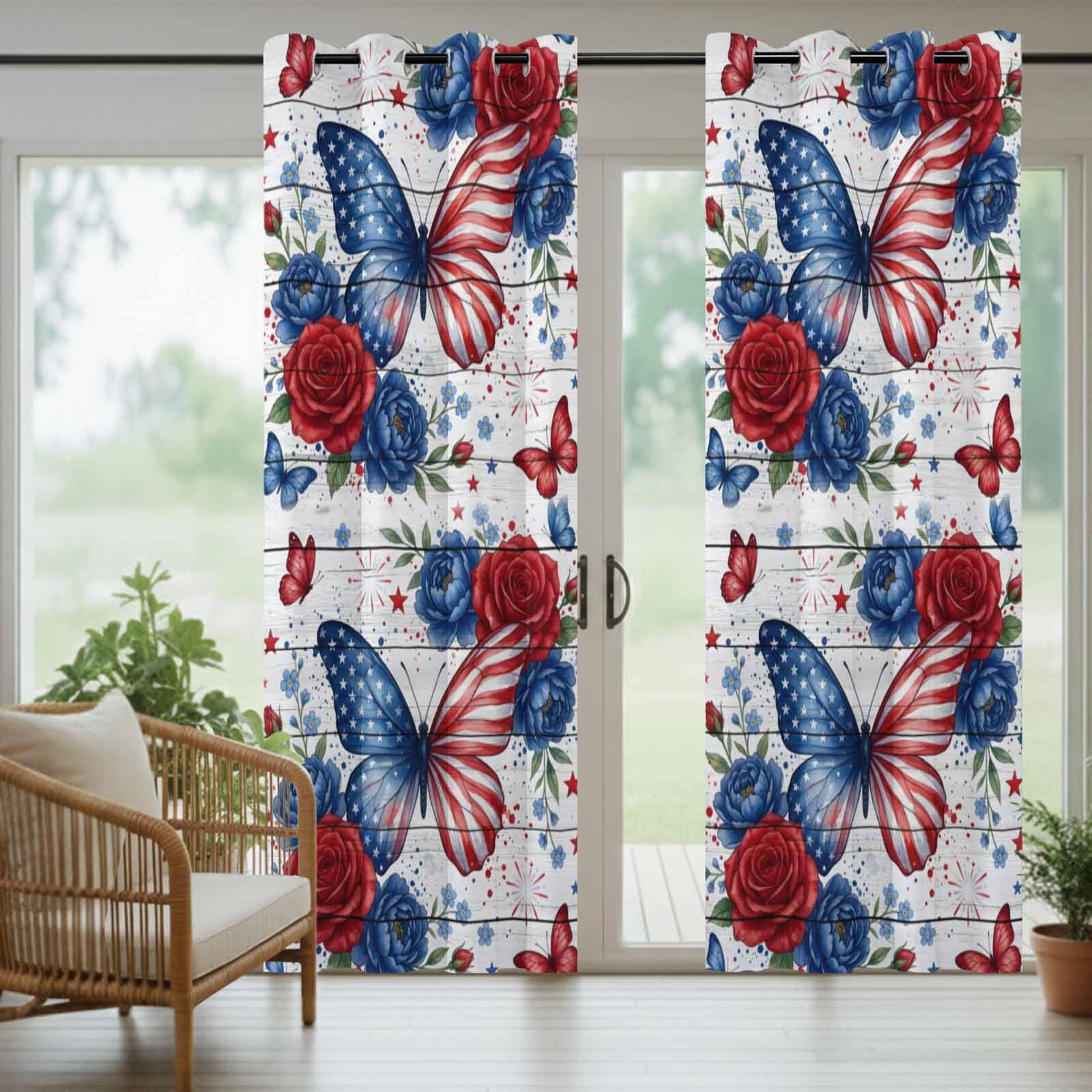 Independence Day Outdoor Curtains for Patio, American Flag Butterfly Blue Red Flower Country Wood Striped Sunshade Privacy Drapes Grommet Waterproof Outside Curtains for Porch 54"x108", 1 Panel
